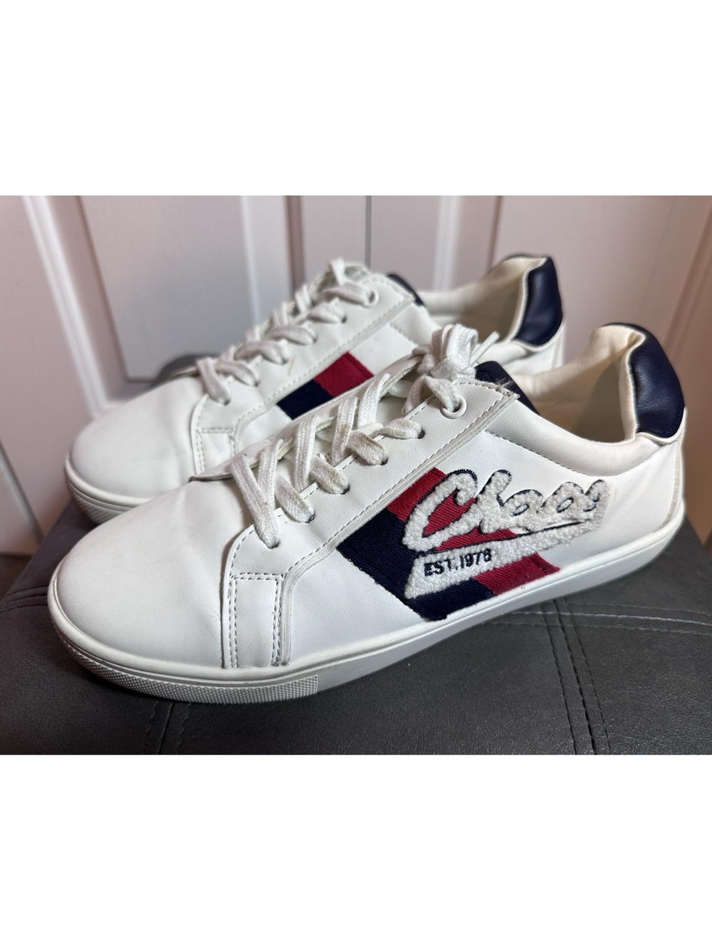 Chaps Varsity Women's Shoes Size 8.5 M Lace Up Sneakers White Navy‎ Red Logo